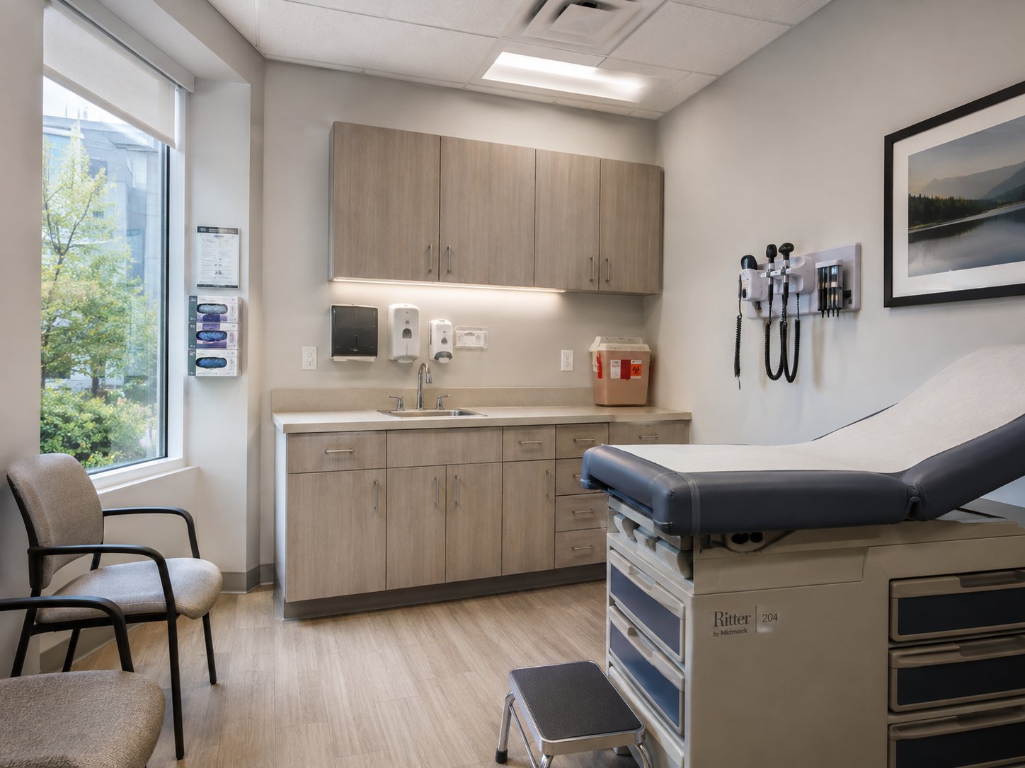 Second-generation medical exam room with sink and casework