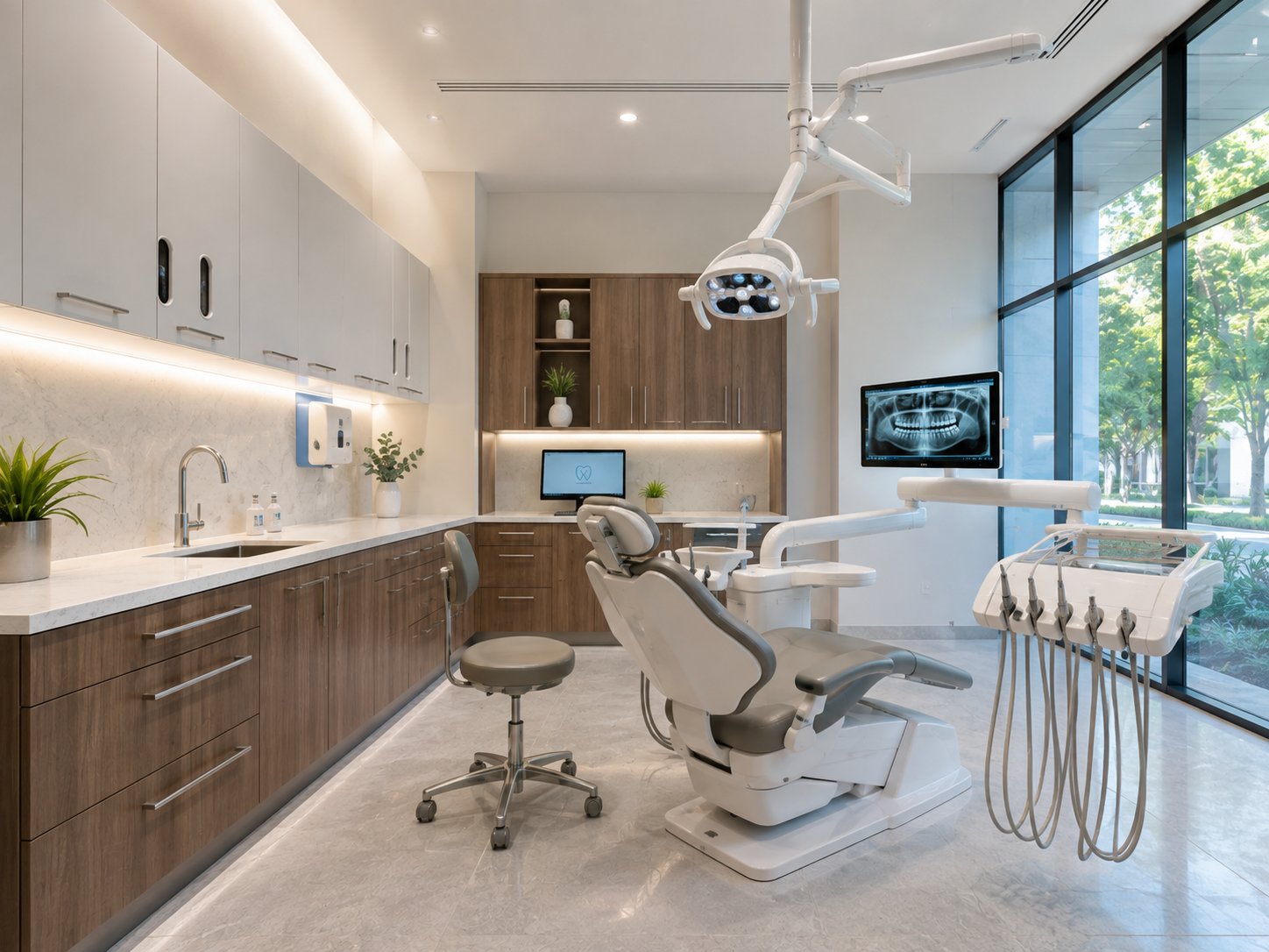 Plumbed dental operatory with chair, delivery unit, and rear cabinetry